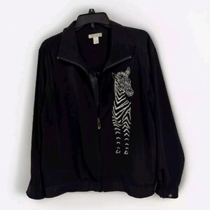🦓Women’s Jacket Black-Silver Embroidered Zebra Front-Tail Wraps To Back Med